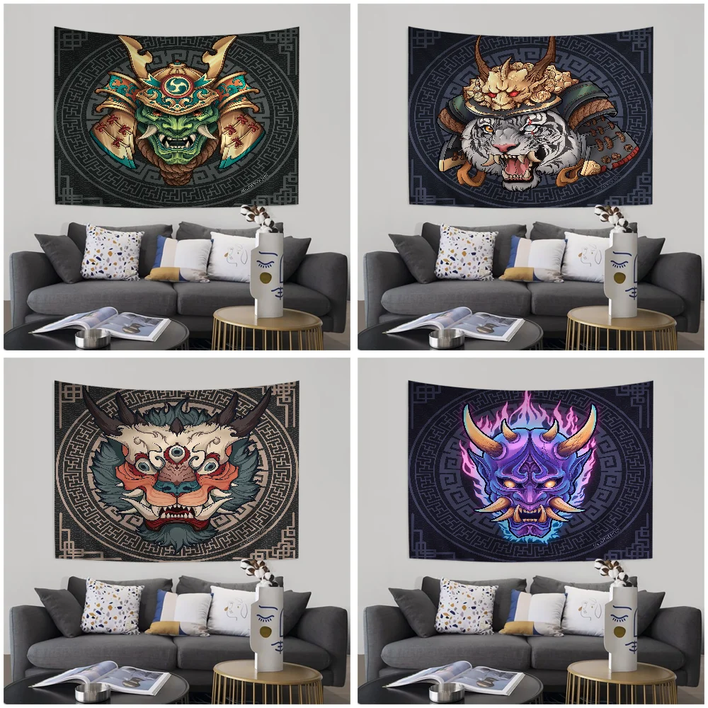 Japanese S-Samurai O-Oni M-Mask DIY Wall Tapestry Hippie Flower Wall Carpets Dorm Decor Wall Art Decor