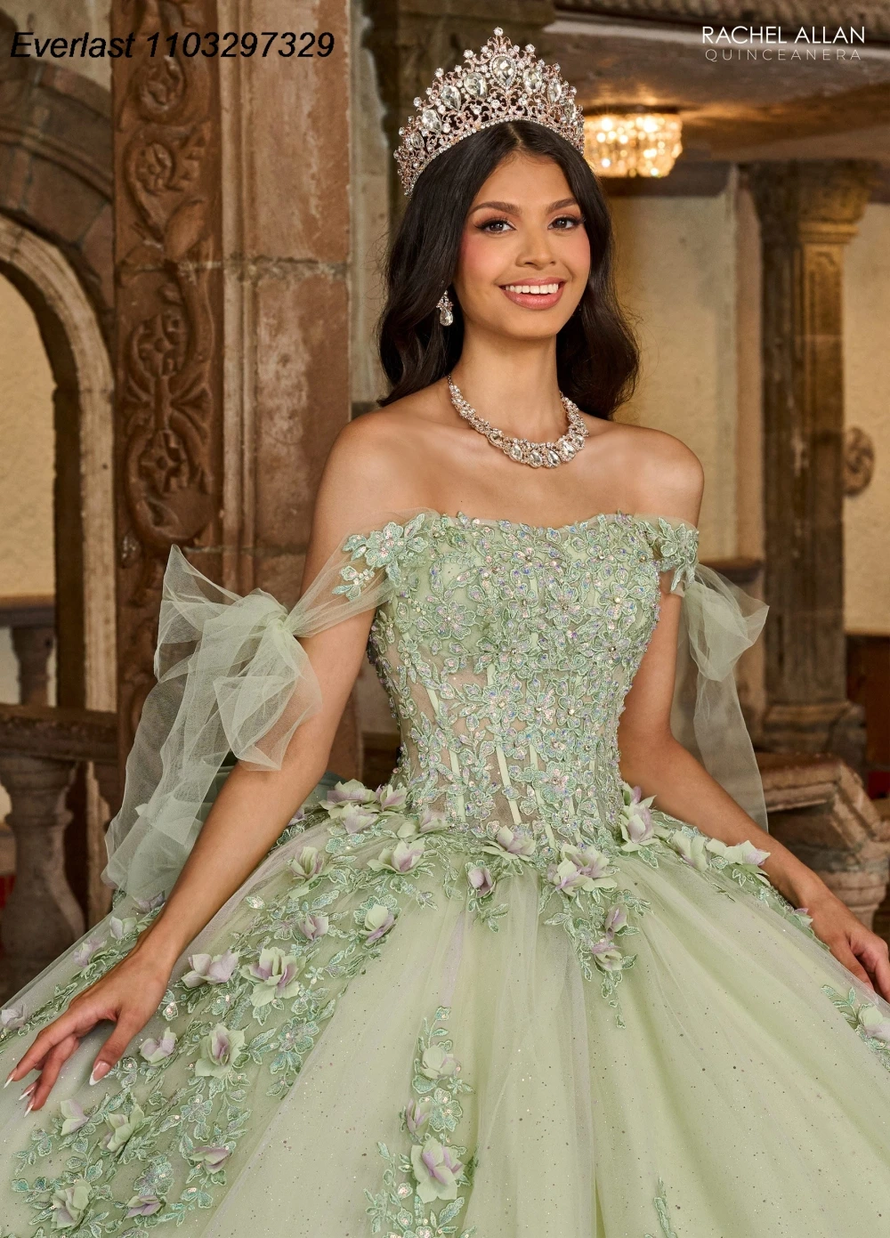 إيفلاست بريق حكيم Quinceanera اللباس ، ثوب الكرة ، زخارف الزهور ، الديكور الكريستال القوس مشد ، الحلو 16 ، 15 عاما ، TQD445