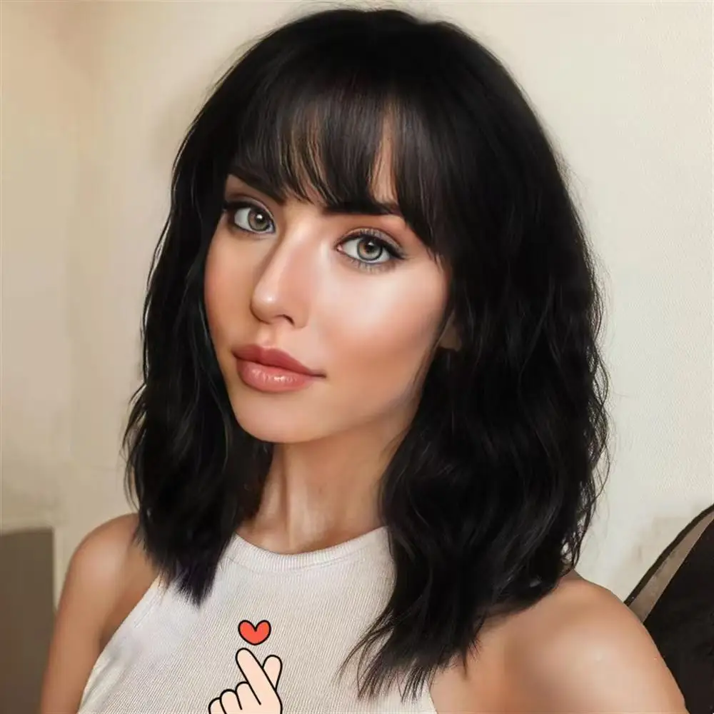 

HAIR Natural Brown Synthetic Curly Wavy Bob Wig with Bangs for Women