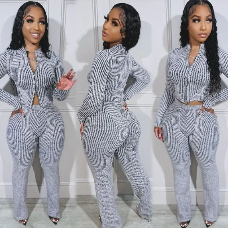 

GUWU Street Knit Sweater Women's Set Zipper Crop Tops and Long Pants Elegant Autumn Tracksuit Two Piece Set Sweatsuit Outfits