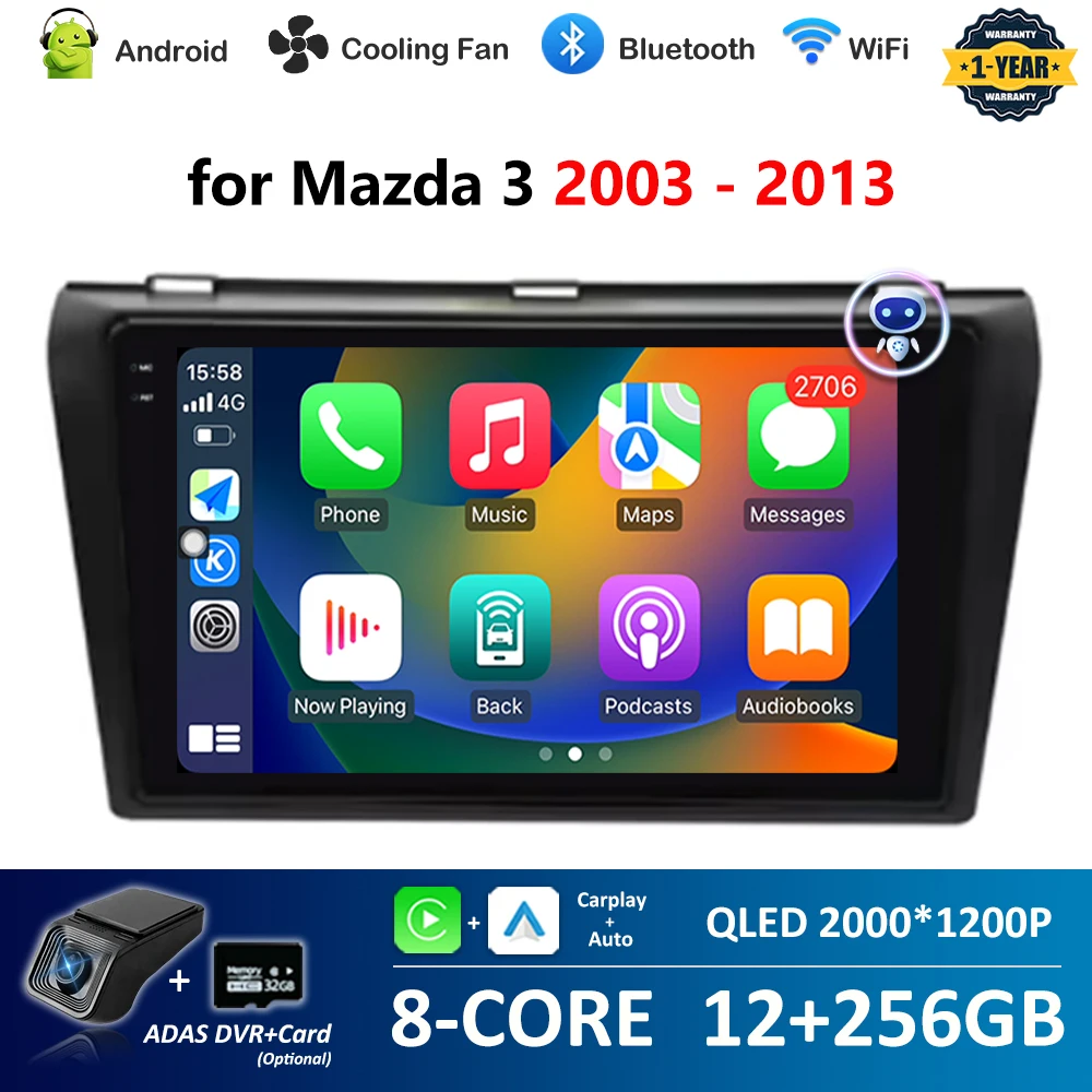 Androidカーラジオ,9インチマルチメディアプレーヤー,wifi,Navi, GPS,Bluetooth,4G,車用ツール,マツダ3 2003-2013