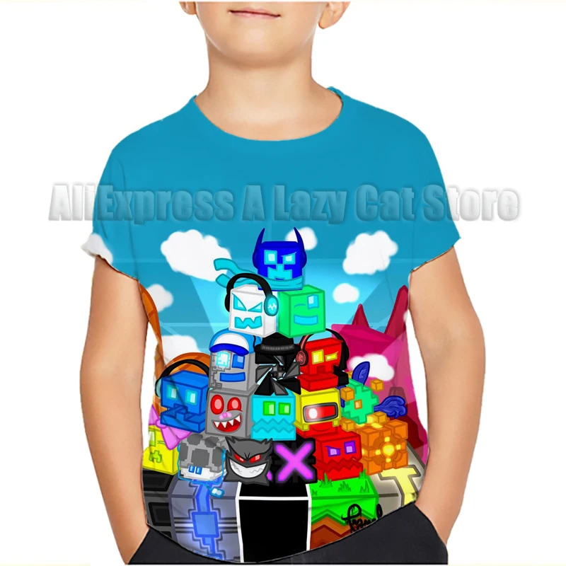 Angry Geometry Dash T-shirt For Boys Clothes Cartoon Summer Thin Round Collar Kids Tees Tops Popular Design Children T Shirts