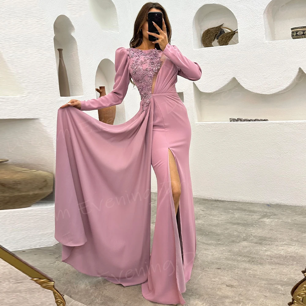 

Graceful Pink Mermaid Modern Women's Evening Dresses Classic O Neck Long Sleeve Prom Gowns Side Split Appliques Vestido De Noche