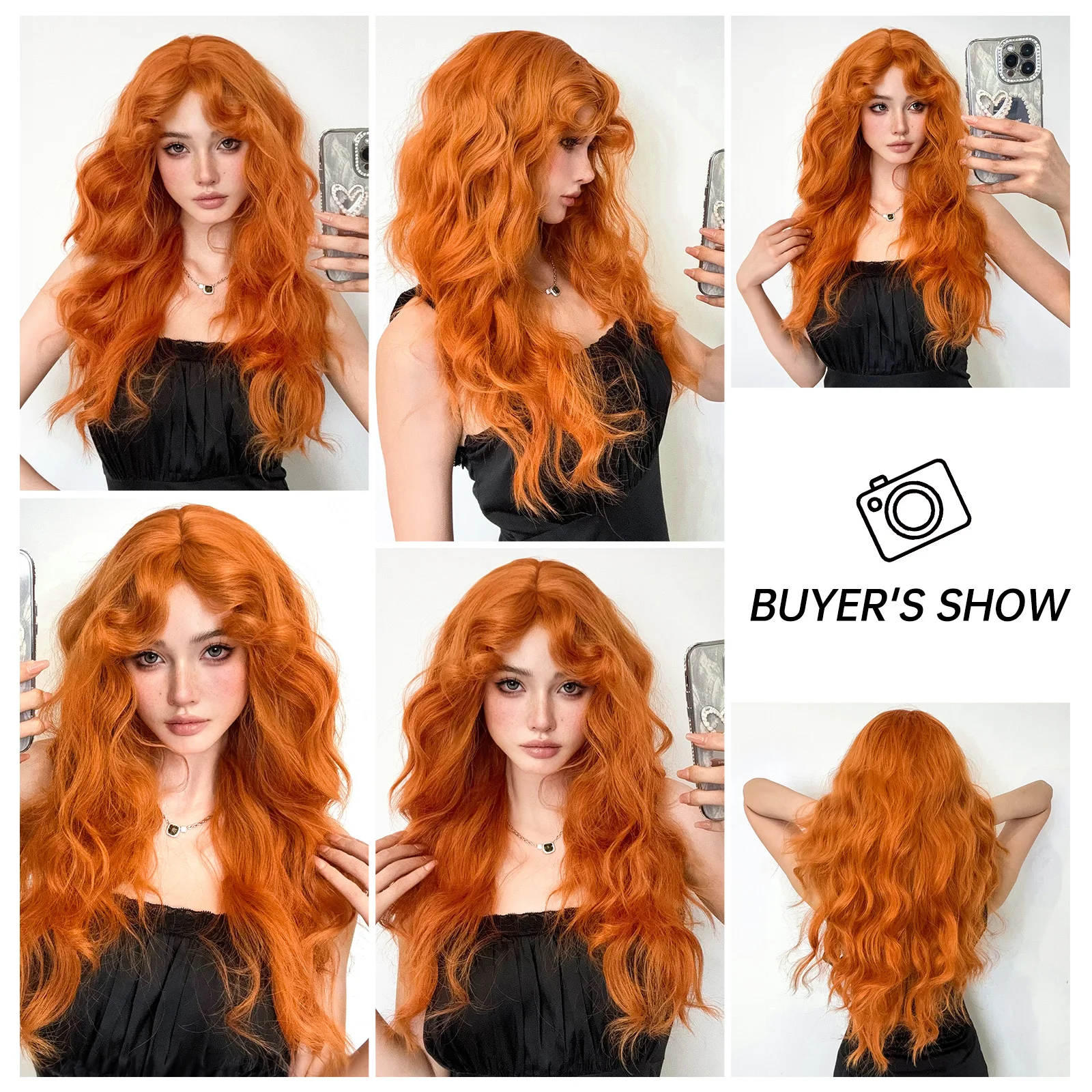Orange Ginger Synthetic Wig Long Curly Wavy Wigs for Women with Bangs Halloween Cosplay Party Daily Natural Heat Resistant Wig