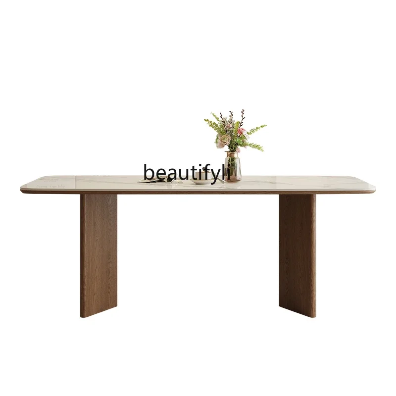 French cream solid wood rock slab dining table and chair combination retro black walnut rectangular table