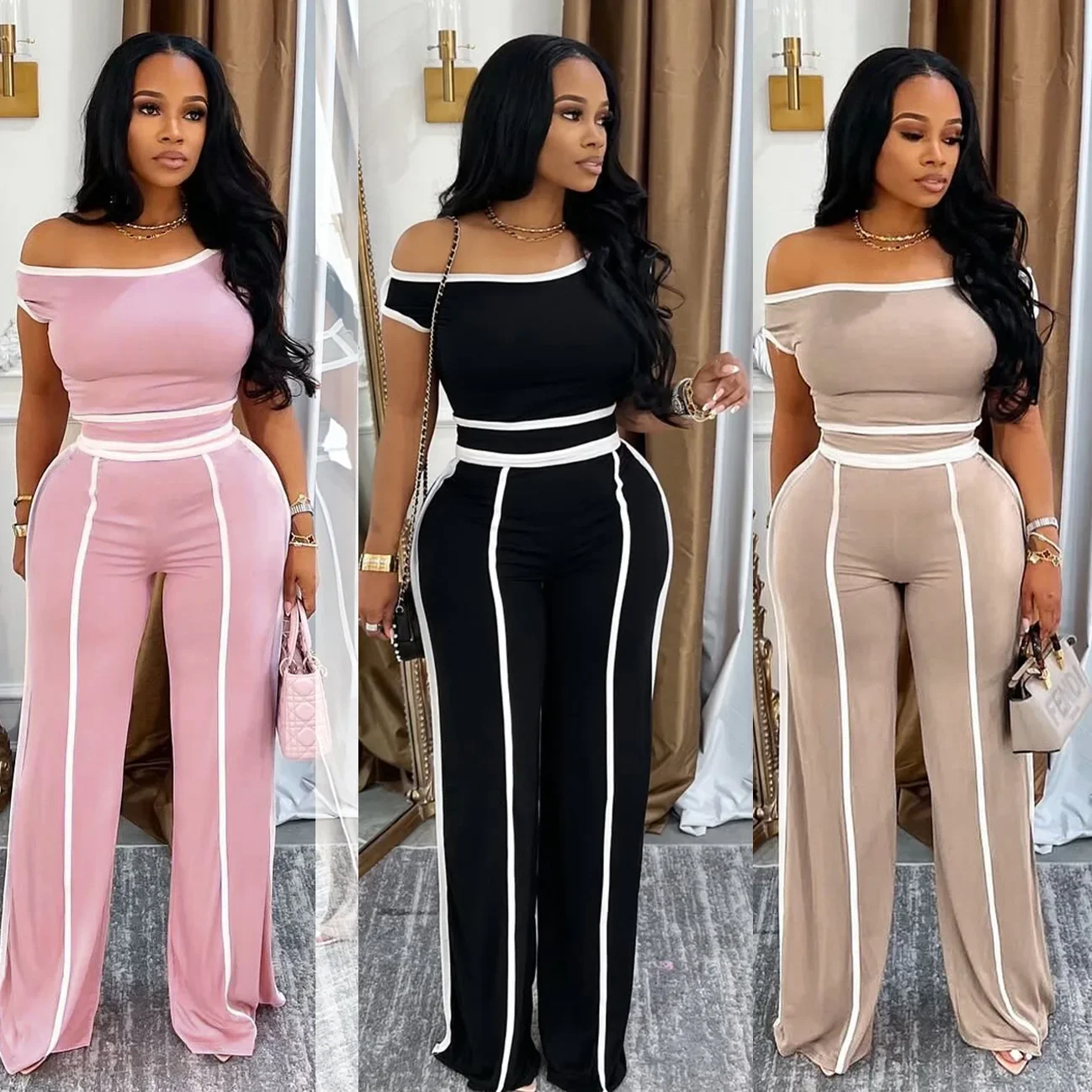 

Customized Casual Sporty 2 Piece Sets Women Sexy Off Shoulder Tops and Wide Leg Pants Matching 2025 Fitness Tracksuits Streetwea