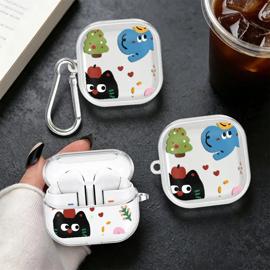 Cartoon Animal Art Case For Samsung Galaxy Buds 2 4 Pro 3Pro 4Pro 3 FE Live 2Pro Clear Earphone Cases Cover With Hook