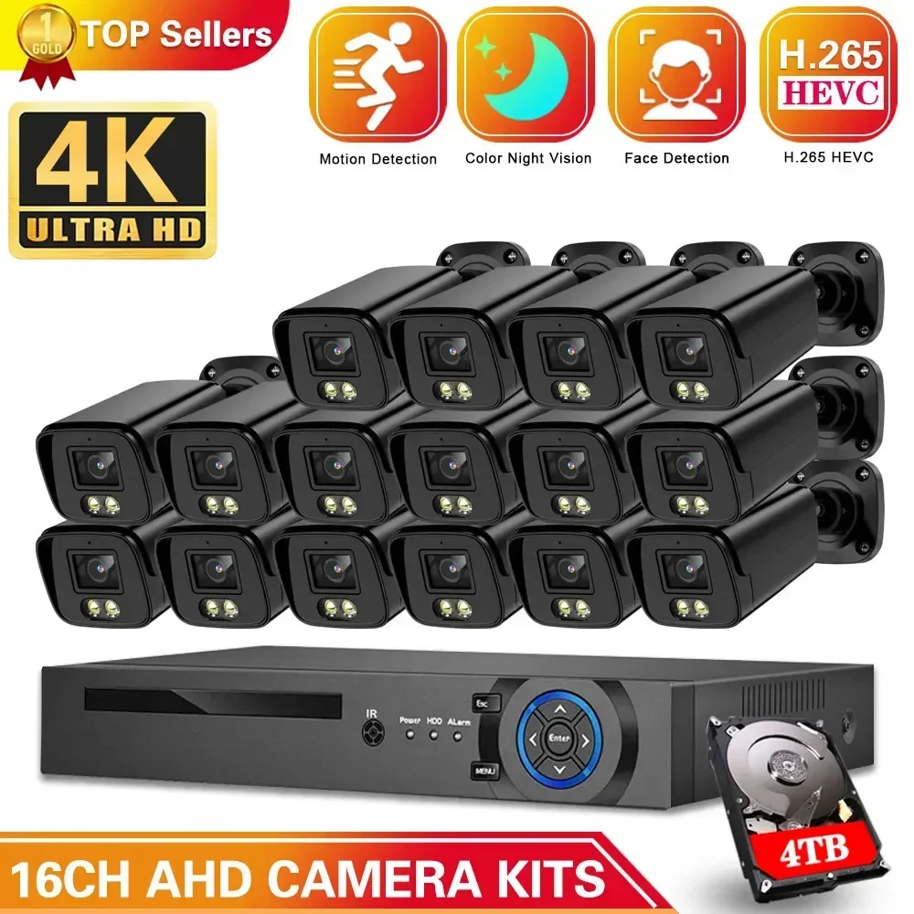 CCTV Video Surveillance Camera Kit, Detecção de Movimento ao ar livre, Colorido Night Security Camera System, 16CH, 8MP, AHD, DVR, H.265, 4K, P2P