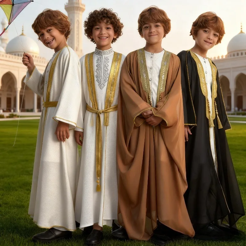 

Детские халаты для мальчиков на Ближневостоке, мусульманская одежда, исламский Дубай, Саудовская Аравия, детский открытый швейный халат Абая, молитва, Рамадан