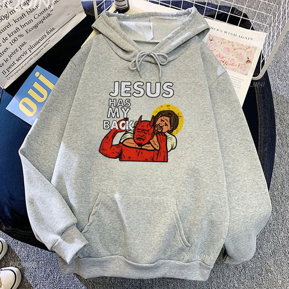 

Long Sleeve Winter Hoodie Jesus Has Your Back Graphic Sweatshirts Men Unisex Streetwear Vintage Fashion Printing Hoodies Male