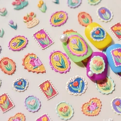 1 piece 5D Color Pink Purple Tulip Nail Art Sticker Retro Pearl Flower Soft Relief Self-Adhesive Nail Art Sticker Nail Decal