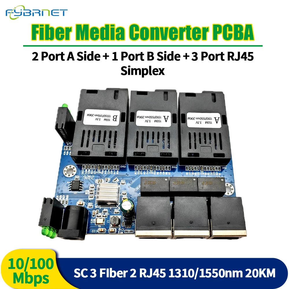 

Fiber Optic Converters 3 SC 3 RJ45 Port 0-20km 100Mbps Single Mode Media Converter 3F3E PCBA Board