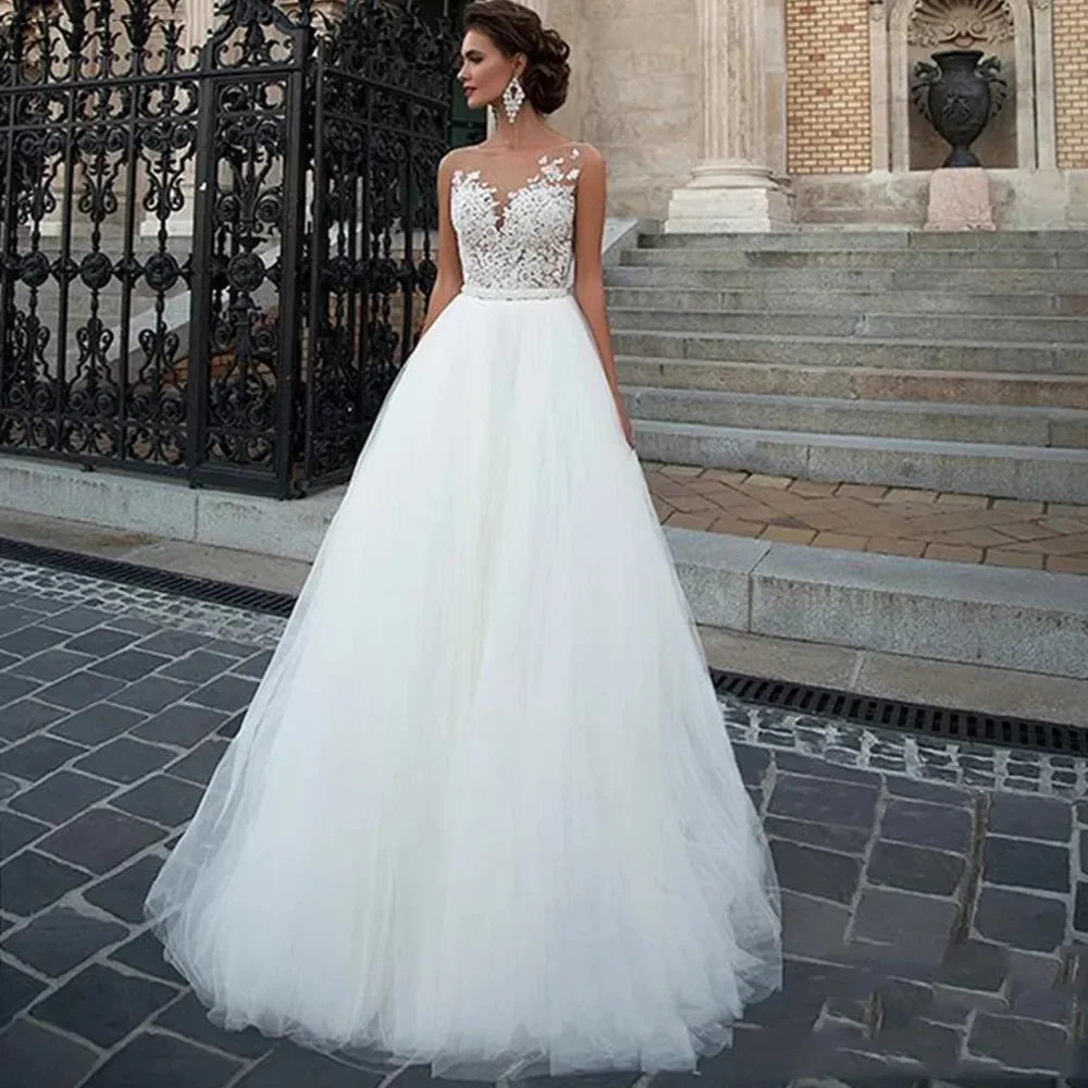 

Sexy Illusion O-neck A Line Wedding Dresses Lace Applique Tulle Sleeveless Bridal Gown With Beaded Sashes Vestidos De Novia 2024