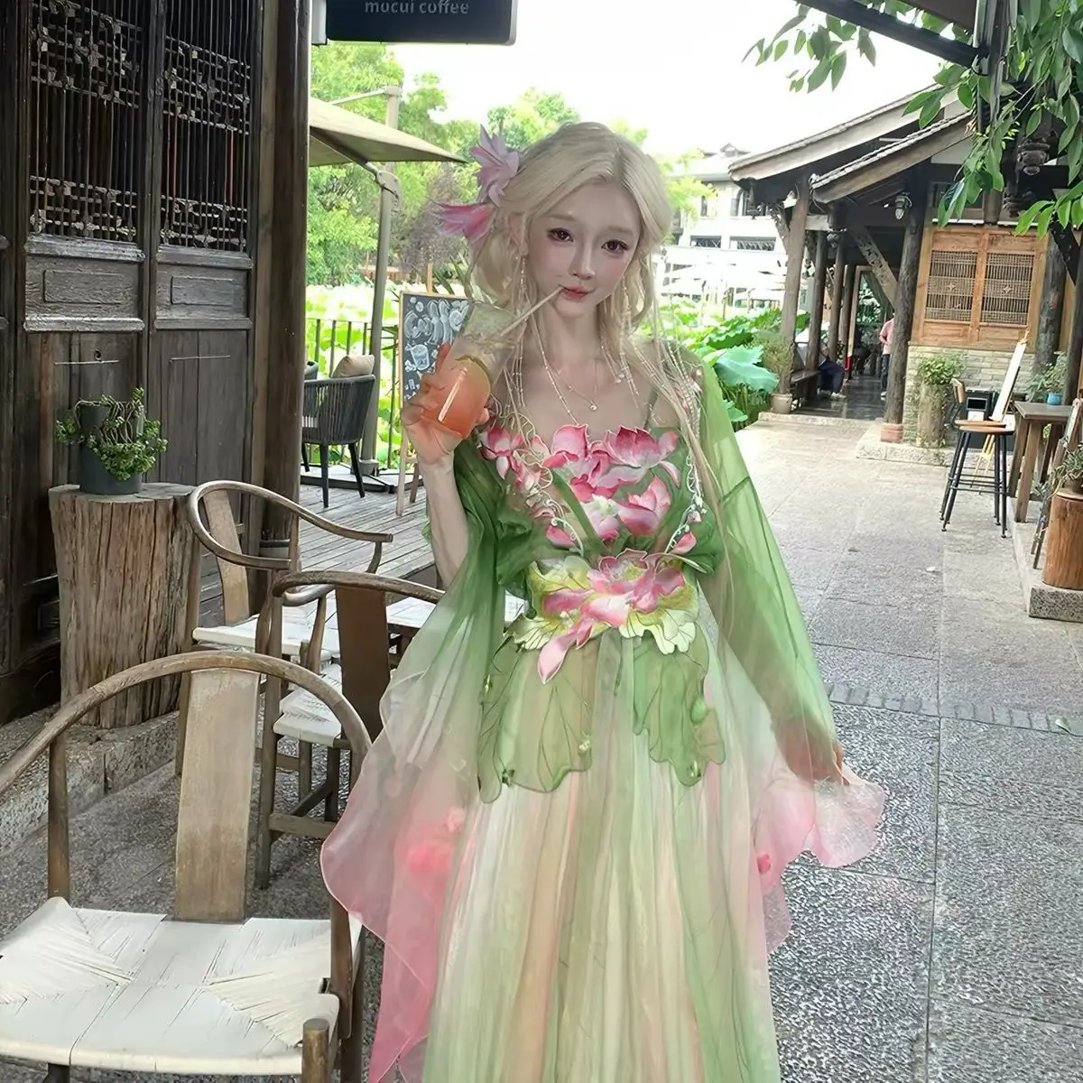 Heavy Industry Azure Lotus Flower Fairy Cosplay Dress Embroidered Waist Sash Flowing Hanfu for Women