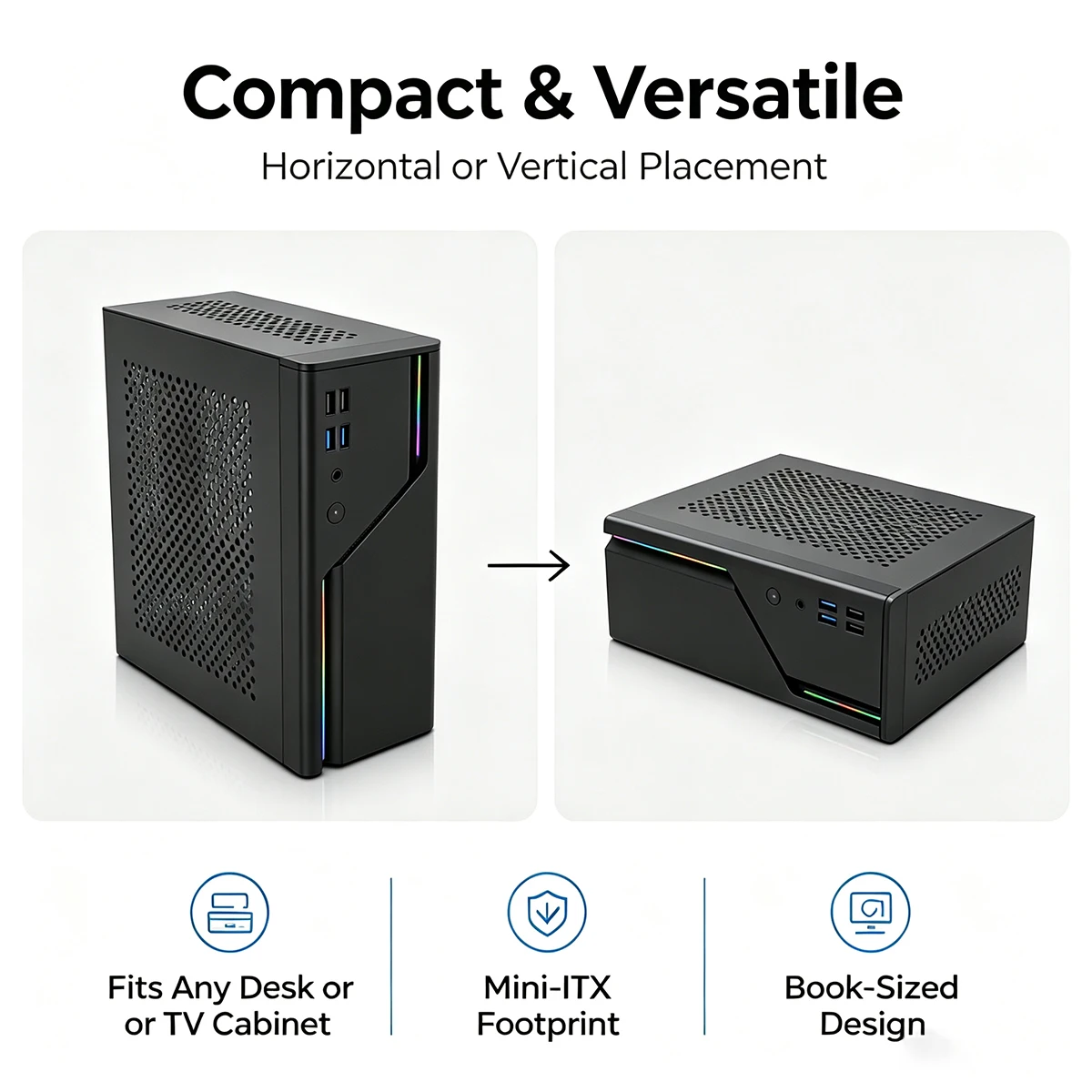 Mini ITX Case SFF Small PC Chassis HTPC Desktop PC 4 USB Front Ports 5V ARGB Horizontal Vertical Book-Size PCIe x1 Wi-Fi Ports
