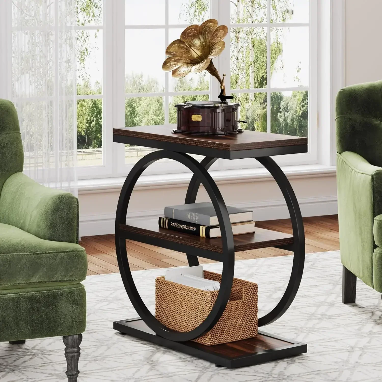 

Narrow End Table with 3 Storage Shelves,Wood Side Table with Black Metal Frames,Industrial Small Sofa Side Table for Living Room