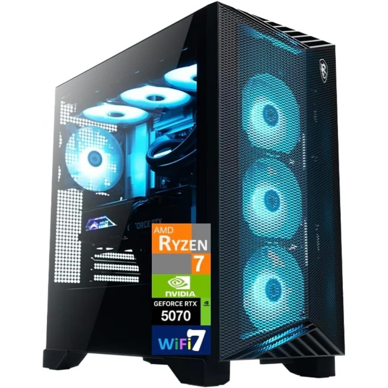 AI Gaming Desktop PC (Ryzen 7 9700X, GeForce RTX 5070 12GB GDDR7, 32GB DDR5, 4TB PCIe SSD, RGB Fans, 360mm AIO, 75
