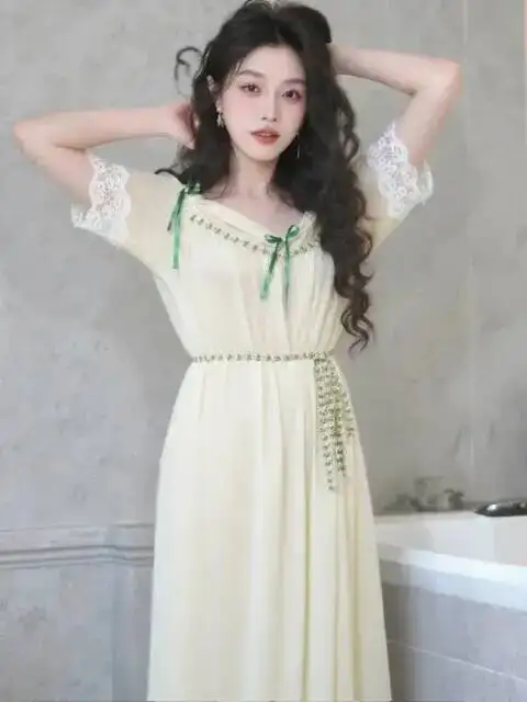 Summer Sexy Women's Dress Lace Robe Ladies Loungewear Lace Trimmed Skirt With Wrinkled Hem At The End Of The Dress elegant PDTV