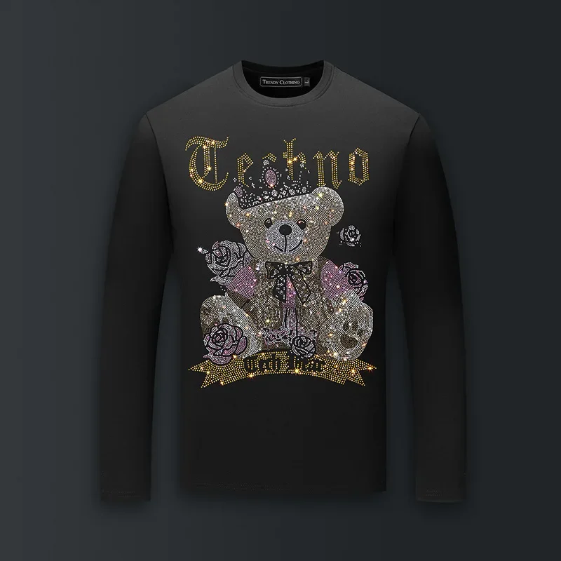 Plus Size O Neck Long Sleeve T Shirts Men Cartoon Bear Rhinestones Fashion Streetwear Modal Cotton Slim Tshirts Mens Clothing