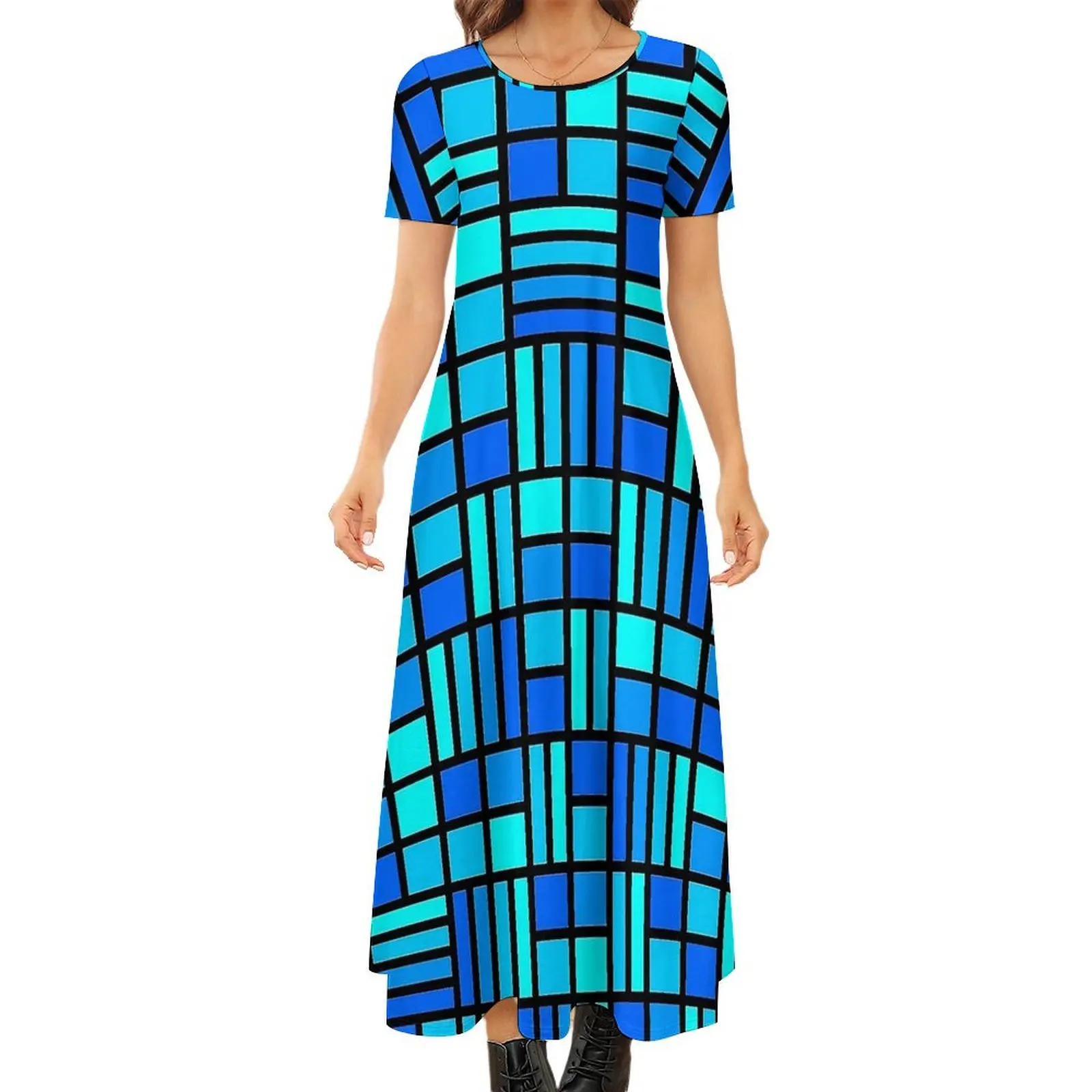 Blue Mondrian Stained Glass Print Dress  Trendy Maxi Dress Aesthetic Boho Beach Long Dresses Women Short Sleeve Big Size Clothes