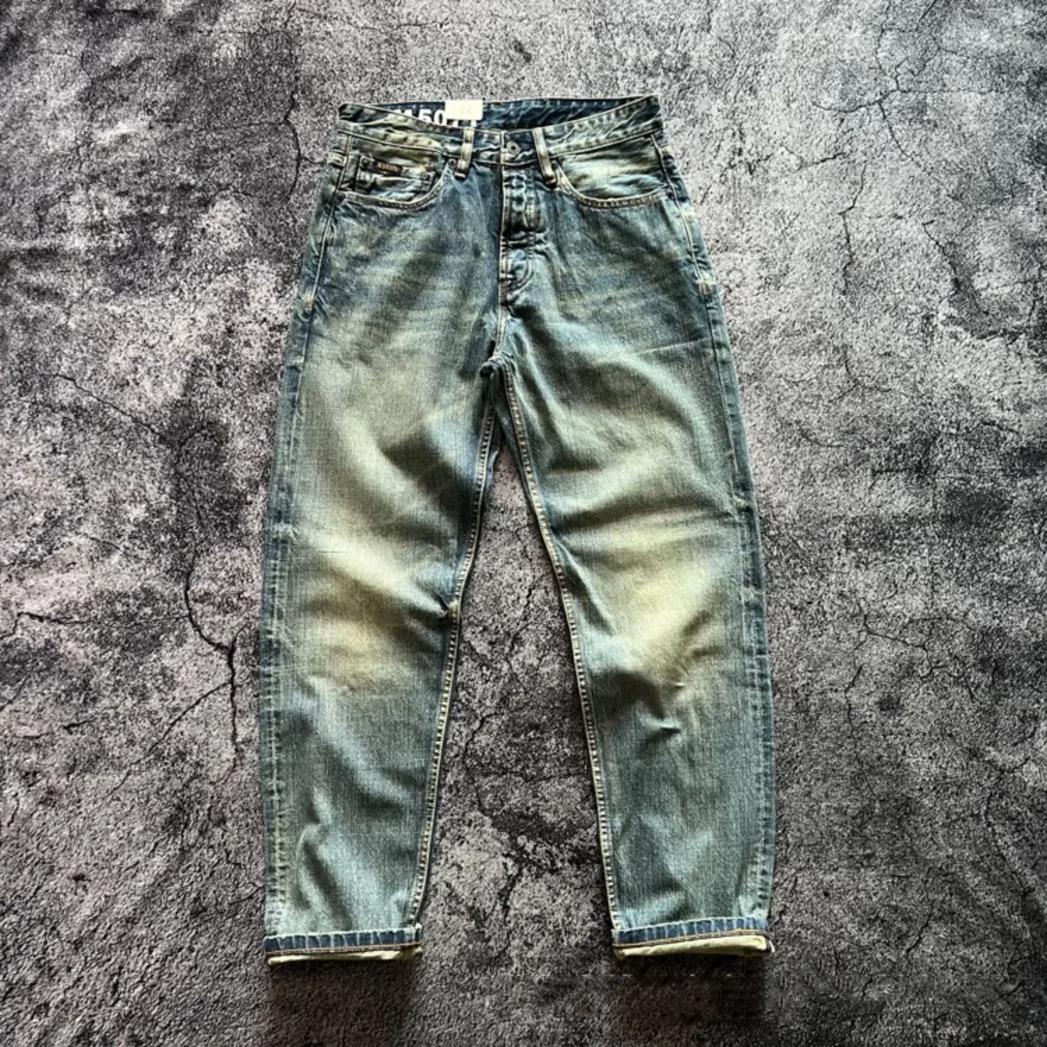 14OZ Amerykańskie spodnie jeansowe w stylu vintage, wykonane ze starego, szarego, niebieskiego, taninowego, czerwonego ucha, wysokiej klasy, luźne, proste nogawki, męskie
