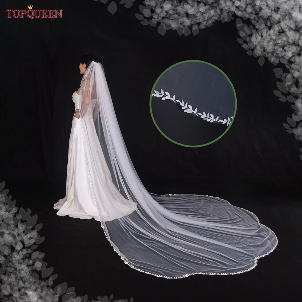 TOPQUEEN V142 Cathedral Mantilla Wedding Veil Lace Edge Bridal Veils 3M White 1 Tier Thin Scallop Lace Trim Veil