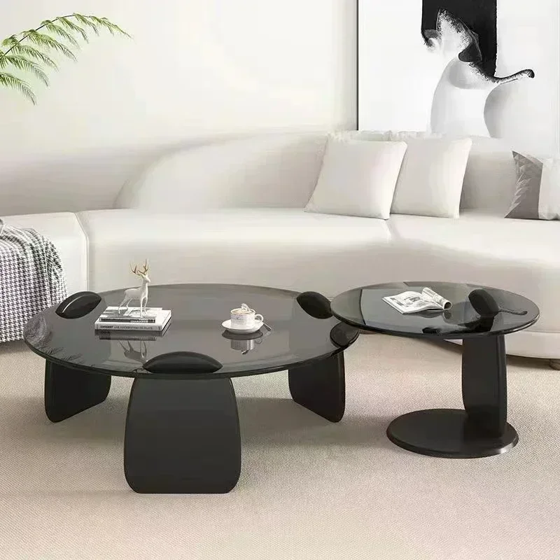 Black Glass Round Table Creative, Living Room Dining Table Easy Clean, Multi Size Coffee Set, Side Office Cafe Home