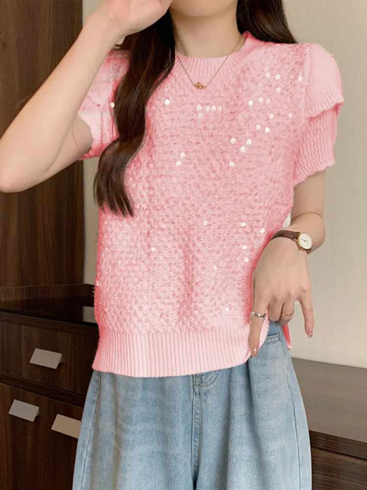 Chic French Summer Korean Fashion Sequin Sweater Pullovers Women Clothes O-Neck Short Sleeve Casual Knitwears Y2k Top Femme Tees