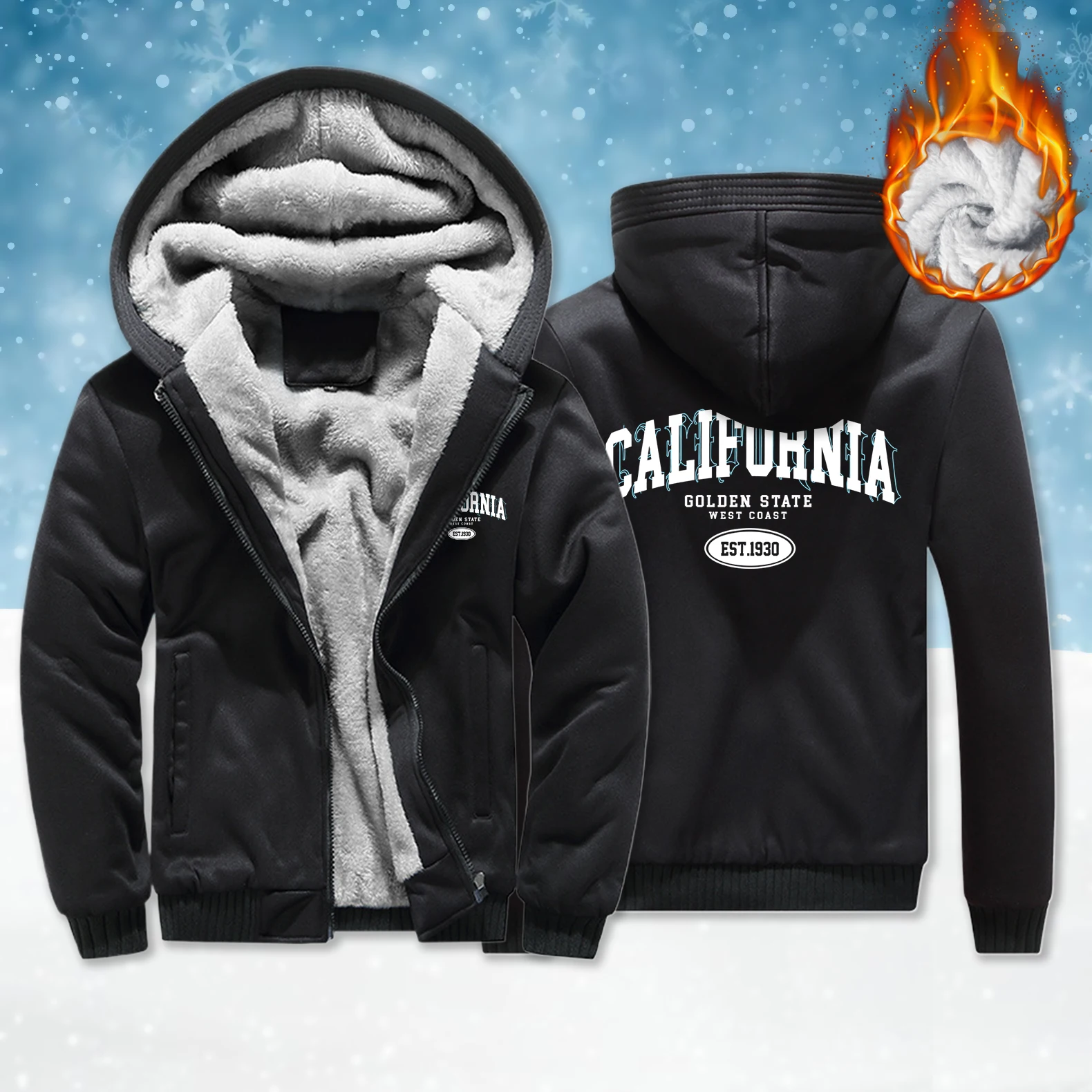 

Golocn State California Est Print Male Zipper Thicken Coats Loose Casual Hoodies Retro Fleece Sportswear Unisex Winter Clothing