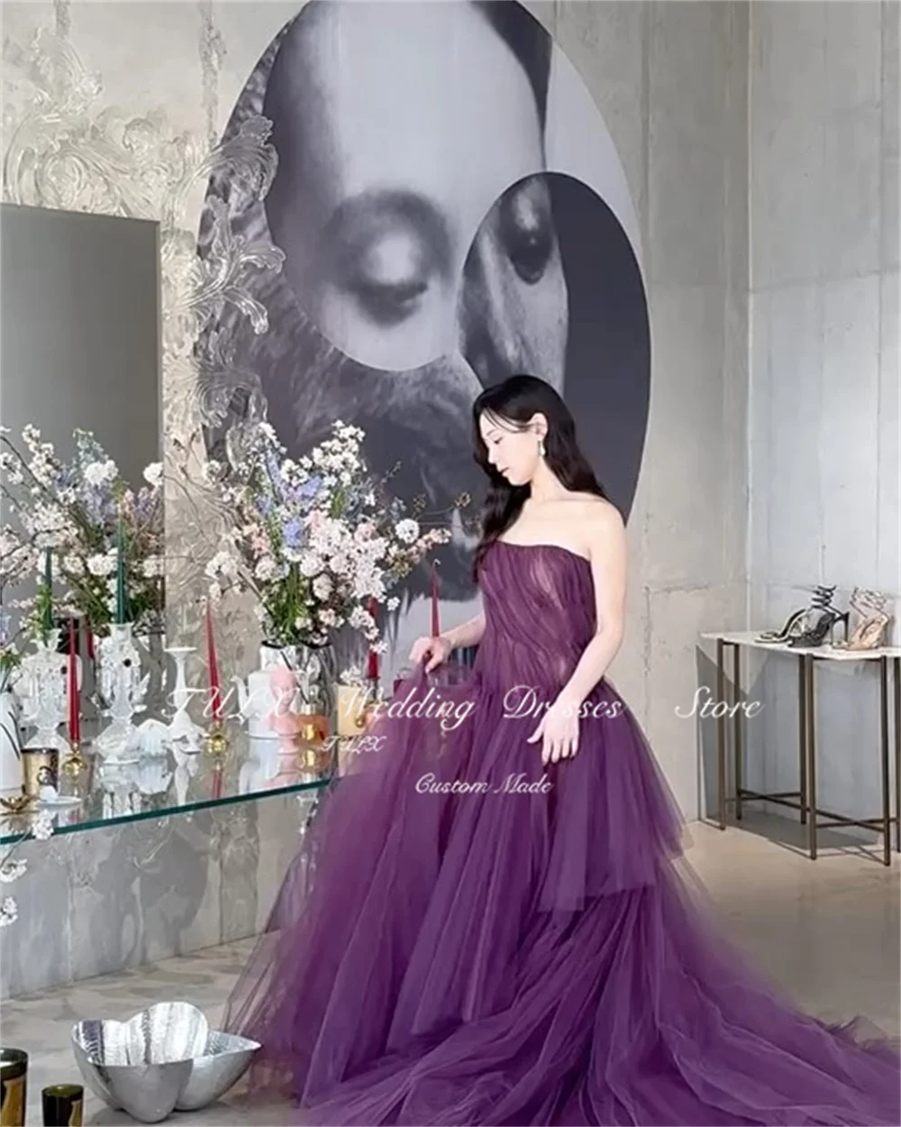 TULX Purple Tulle Evening Dress Korea Wedding Dress Photo Shoot Strapless Pleat Party Dress A line Long Sweep Corset Customized
