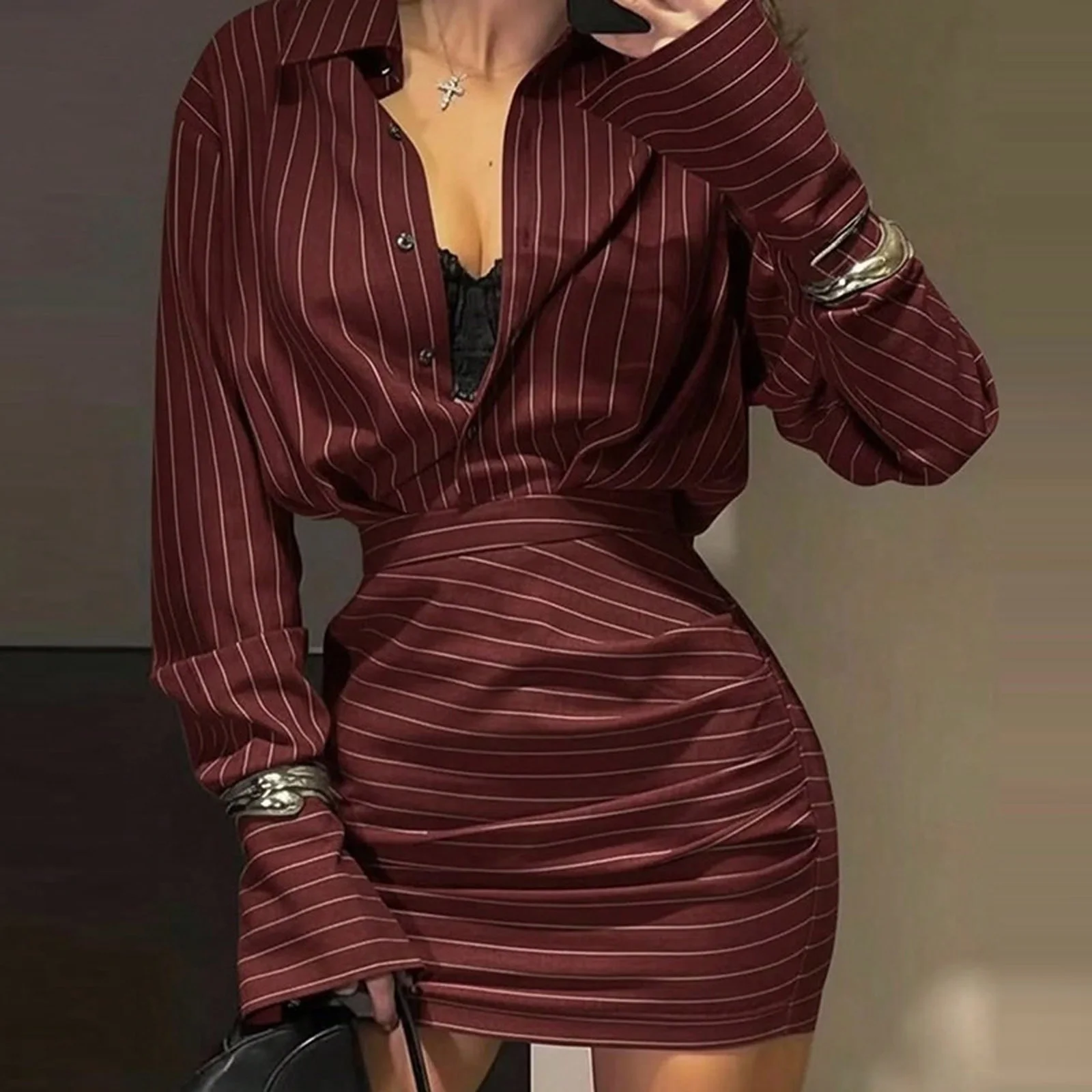 Elegant Striped Shirt Skirt Set Women Slim Single Breasted Blouse Hip Short Skirt Spring Autumn Office Casual Chic Outfit