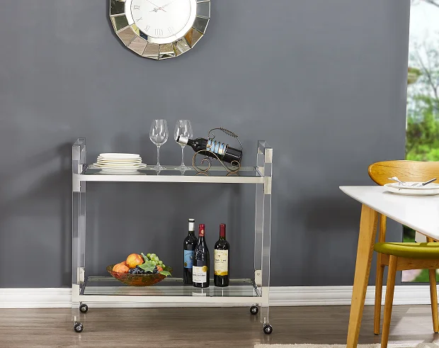 Custom Clear Acrylic Hotel Service Cart 4-Wheel Trolley Polished Silver Metal Handle 2 Shelves-Modern Design For Kitchen Use