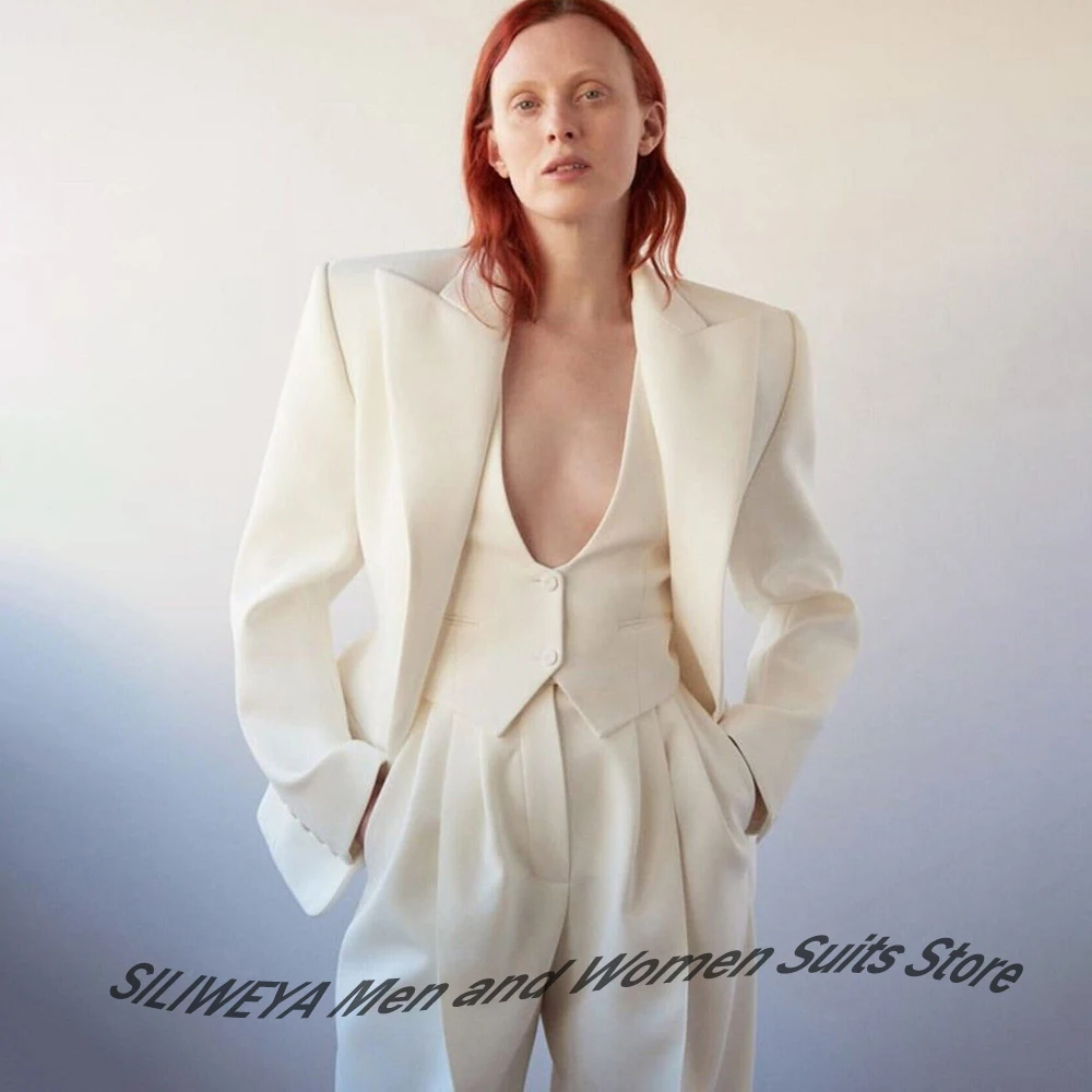 Women's White 3-Piece Suit Set Elegant Jacket+Vest+Pants Wide Peaked Lapel Formal Outfit for Office Cocktail Evening Party