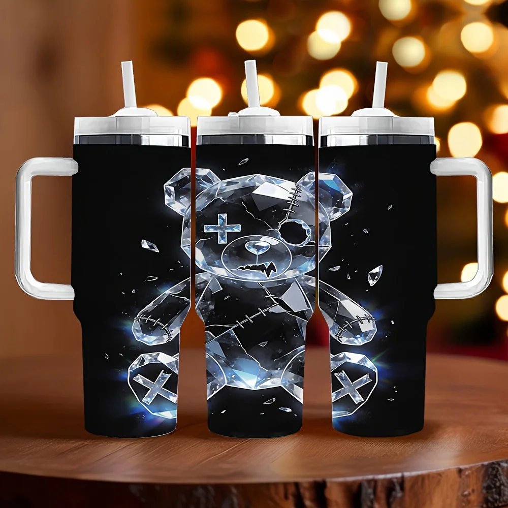 Stylish Broken Crystal Patch Teddy Bear Print Insulated Tumbler with Straw And Handle for Daily Outdoor Travel Use