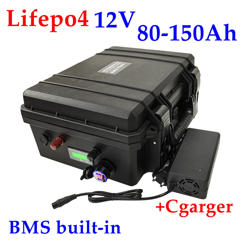 Batterie 12v80Ah 100Ah 120Ah 150Ah LiFePO4 avec chargeur 10A pour batterie d'hélice de bateau, camping-car/scooter, chariot de g