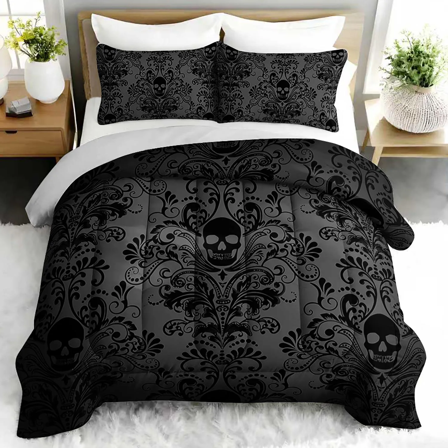 3-teiliges Gothic-Bettdecken-Set mit Totenkopfmuster und 2 Kissenbezügen – Skelett-Bettbezug für Schlafzimmer- oder Gästezimmerdekoration