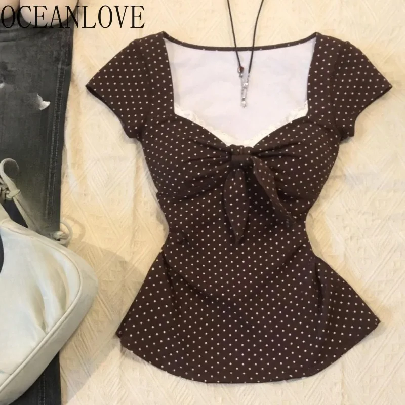 OCEANLOVE Y2k-Camiseta para mujer, ropa de estilo japonés Vintage para primavera y verano, camisetas cortas con cuello cuadrado y lazos sexys