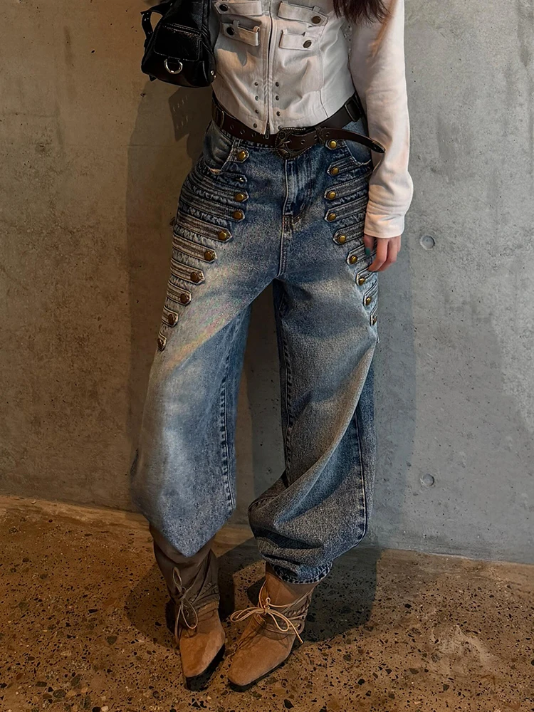 Retro American Spicy Girl Heavy Duty Rivet Design Jeans Wide Leg Loose Long Pants Women's Vintage Style High Waist Denim Trou...