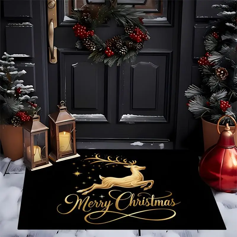 VIKAMA Christmas Reindeer Welcome Mat Non‑Slip Indoor Outdoor Entrance Rug Kitchen Bedroom Black Gold Xmas Home Decor