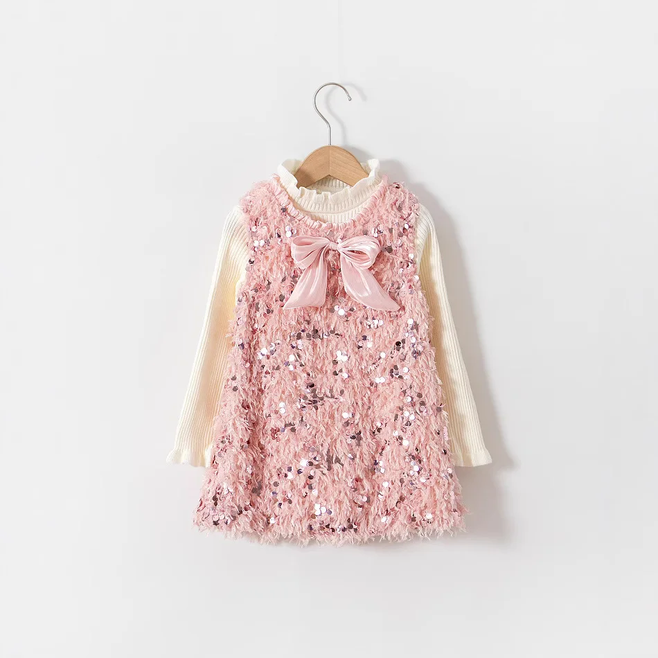 

Autumn Ins Children Girl 2PCS Clothes Set Cotton Solid Ruffle Collar Knitwear Outfit Sequin Print Bow Sleeveless Kids Girl Dress