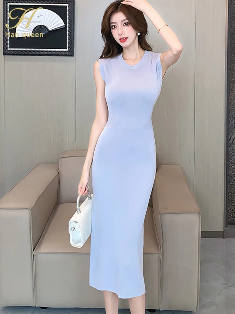 H Han Queen 2024 Summer Knitted Elegant Chic Dresses Women\'s Korean Retro Vestidos Fashion Sleeveless Office Party Casual Dress