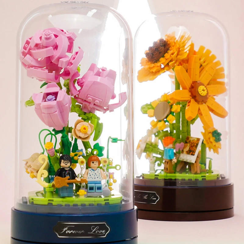 

Eternal Flower Building Blocks Bouquet Transparent Music Box Girl Assembled Toy Office Ornament Creative Floral Display Romantic