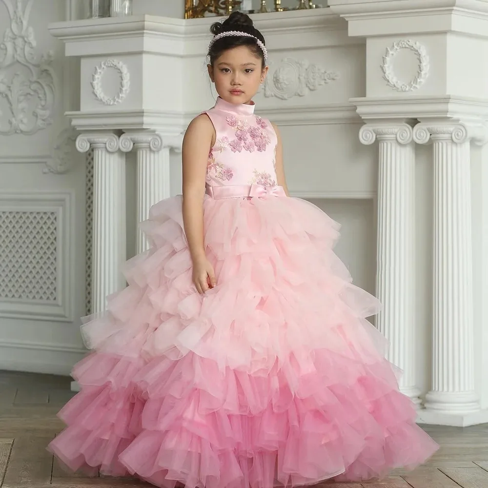 

Pink Girls Birthday Dresses Lace Appliques Layered Flower Girl Dresses for Wedding Princess Party Baby Ball Gowns Customized