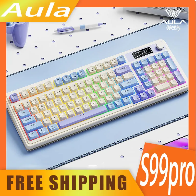 

Aula S99pro Keyboard Three Mode Wireless Gaming Keyboard Multifunctional Knob Smart Screen Ergonomics Rgb Pbt Keycaps Pc Gamer