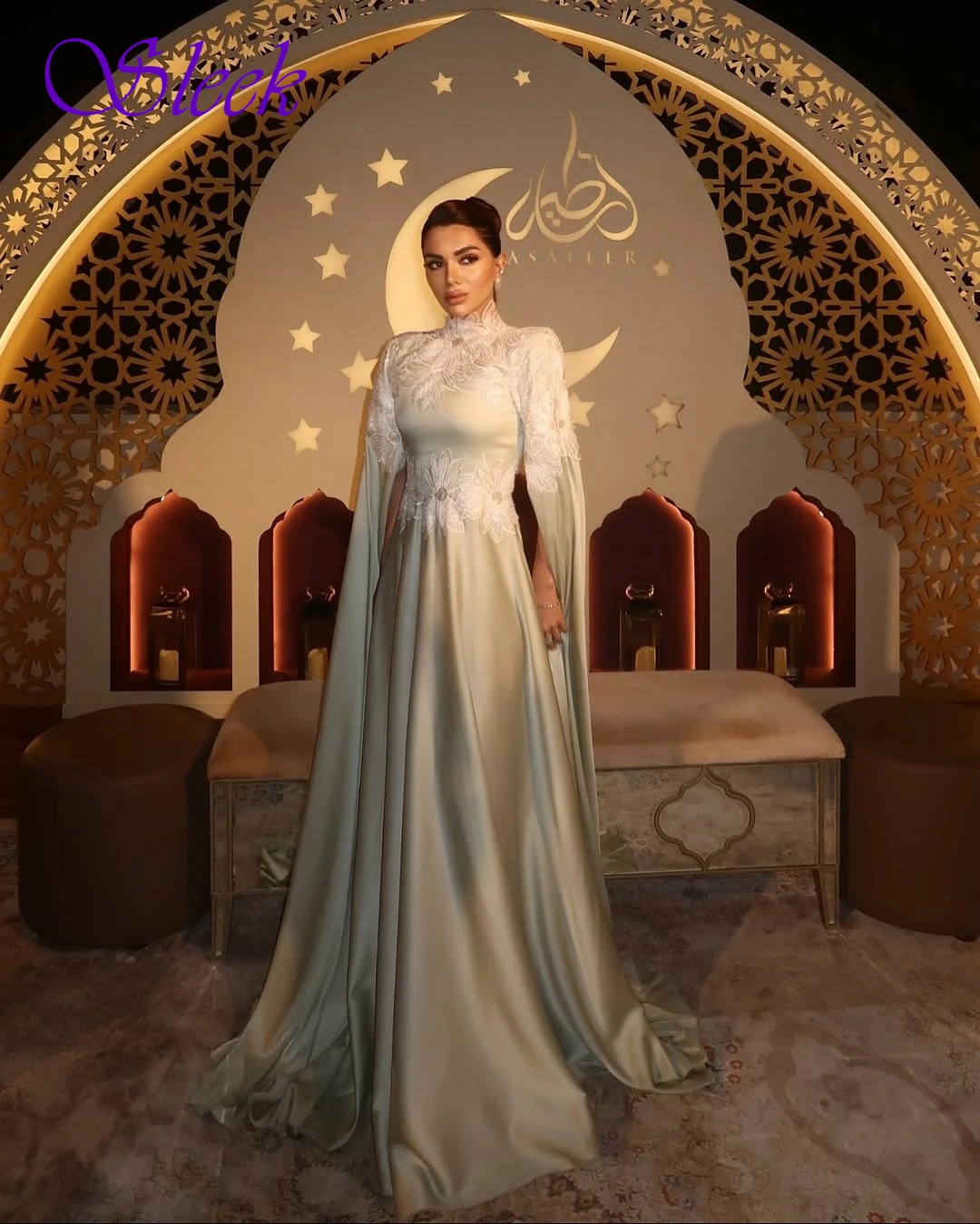 فستان سهرة أنيق مخصص بياقة عالية وأكمام قصيرة على شكل حرف A، فساتين مناسبة مخصصة للحفلات الراقصة الحديثة