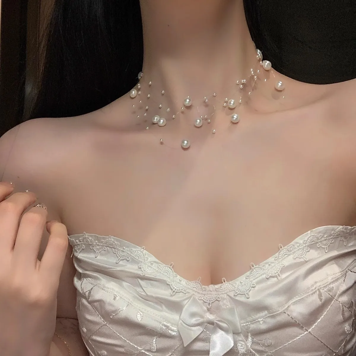 Fashion White Pearl Necklace for Women Adjustable Length Multi-Layer Sweater Chain Women Jewelry Necklace Elegant Party Jewelry