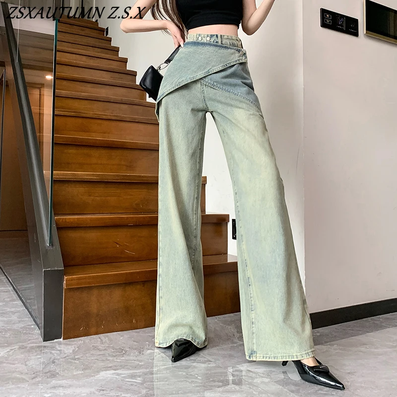 Real Shot High Quality New Irregular Fake Two Retro Design Straight Leg Jeans Wide-leg Pants Women Fashion High Street Unique