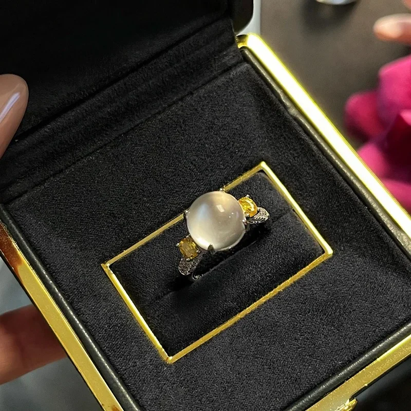 Classic gentle style natural ice chalcedony rings for women light luxury silver 925 yellow crystal ring fashion wedding jewelry