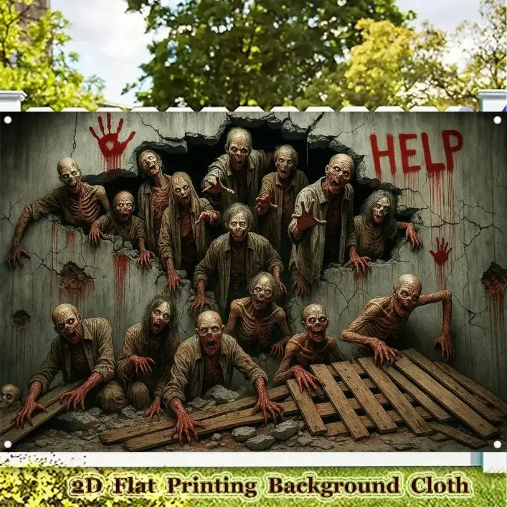 VIKAMA 2D-Halloween-Banner – Zombie-Breakout-Horror-Szene, Fotografie-Hintergrund – Party-Dekoration – hängender Hintergrund