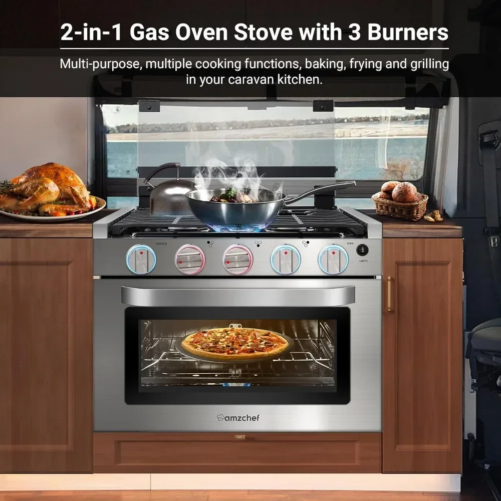 

RV Gas Range 17 Inches Tall, 1.24 Cu.Ft Propane Range Oven with 3 Burners Stove for RV, Apartment, Mobile Home,Stainless Steel.